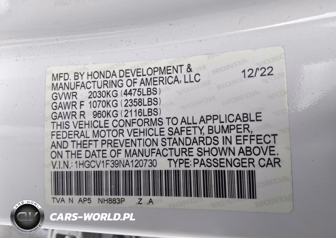 2022 Honda Accord Sport VIN:1HGCV1F39NA120730 - 12