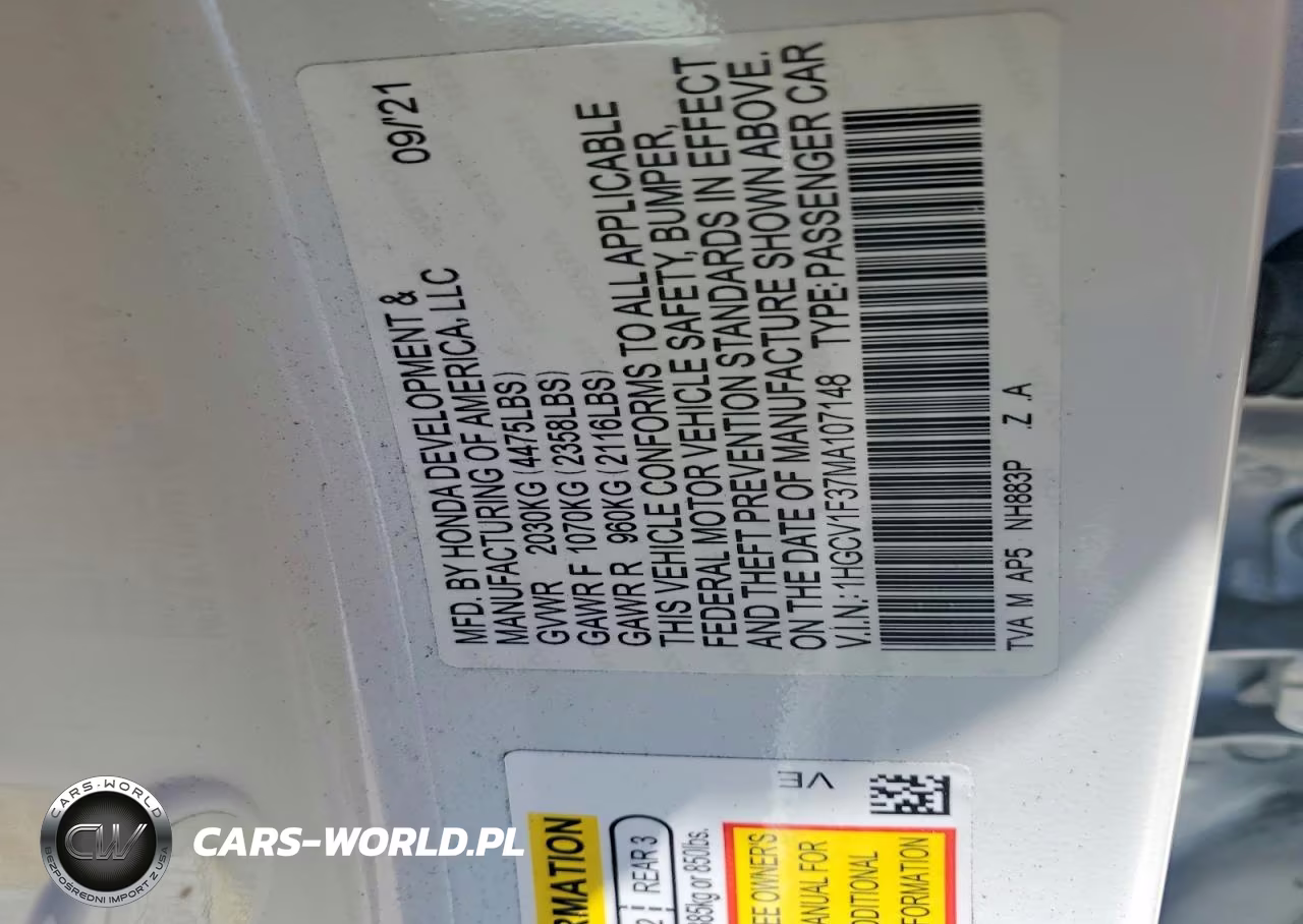 2021 Honda Accord Sport VIN:1HGCV1F37MA107148 - 12