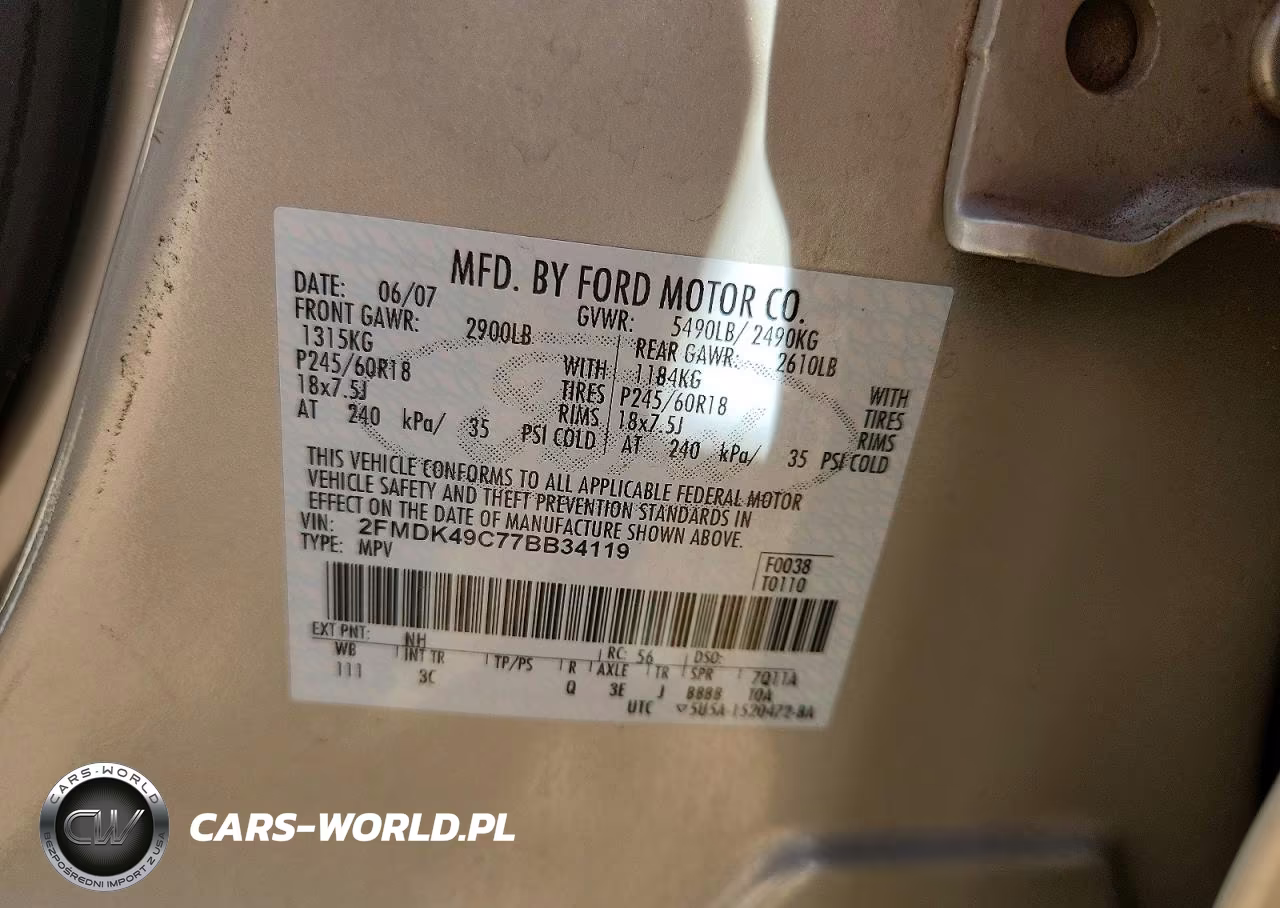2007 Ford Edge Sel Plus VIN:2FMDK49C77BB34119 - 13