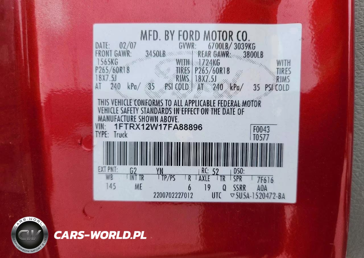 2007 Ford F150 VIN:1FTRX12W17FA88896 - 13