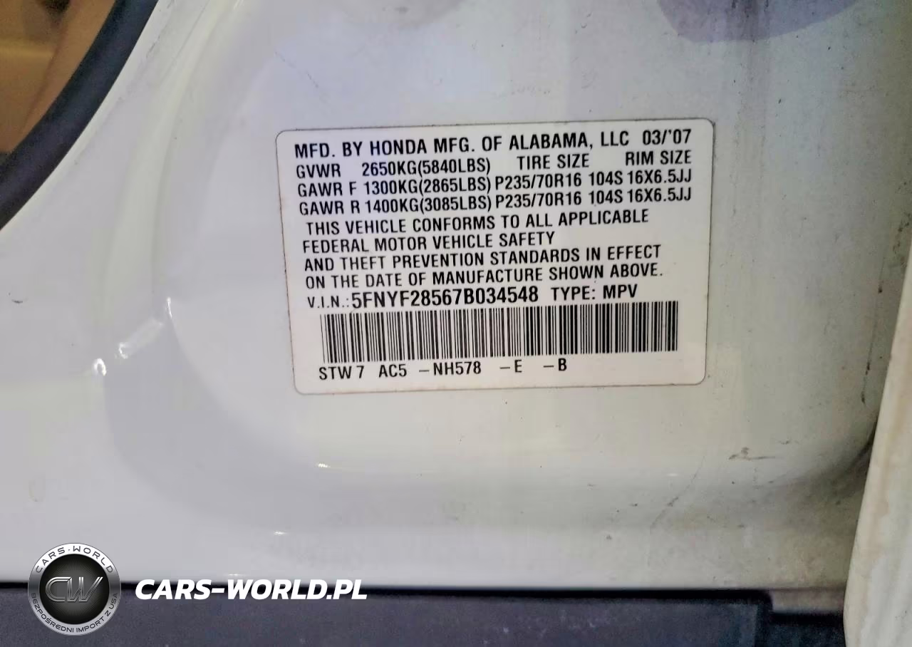 2007 Honda Pilot Exl VIN:5FNYF28567B034548 - 13