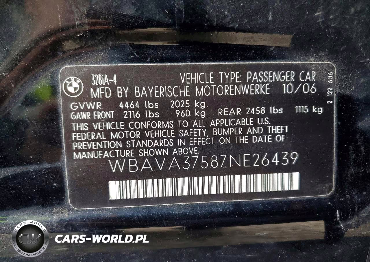 2007 BMW 328 I VIN:WBAVA37587NE26439 - 12