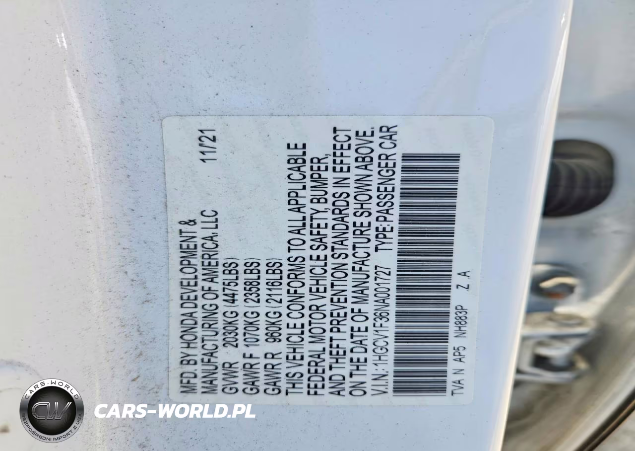 2022 Honda Accord Sport VIN:1HGCV1F36NA001727 - 12