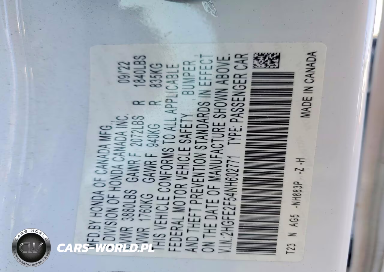 2022 Honda Civic Sport VIN:2HGFE2F54NH602771 - 13