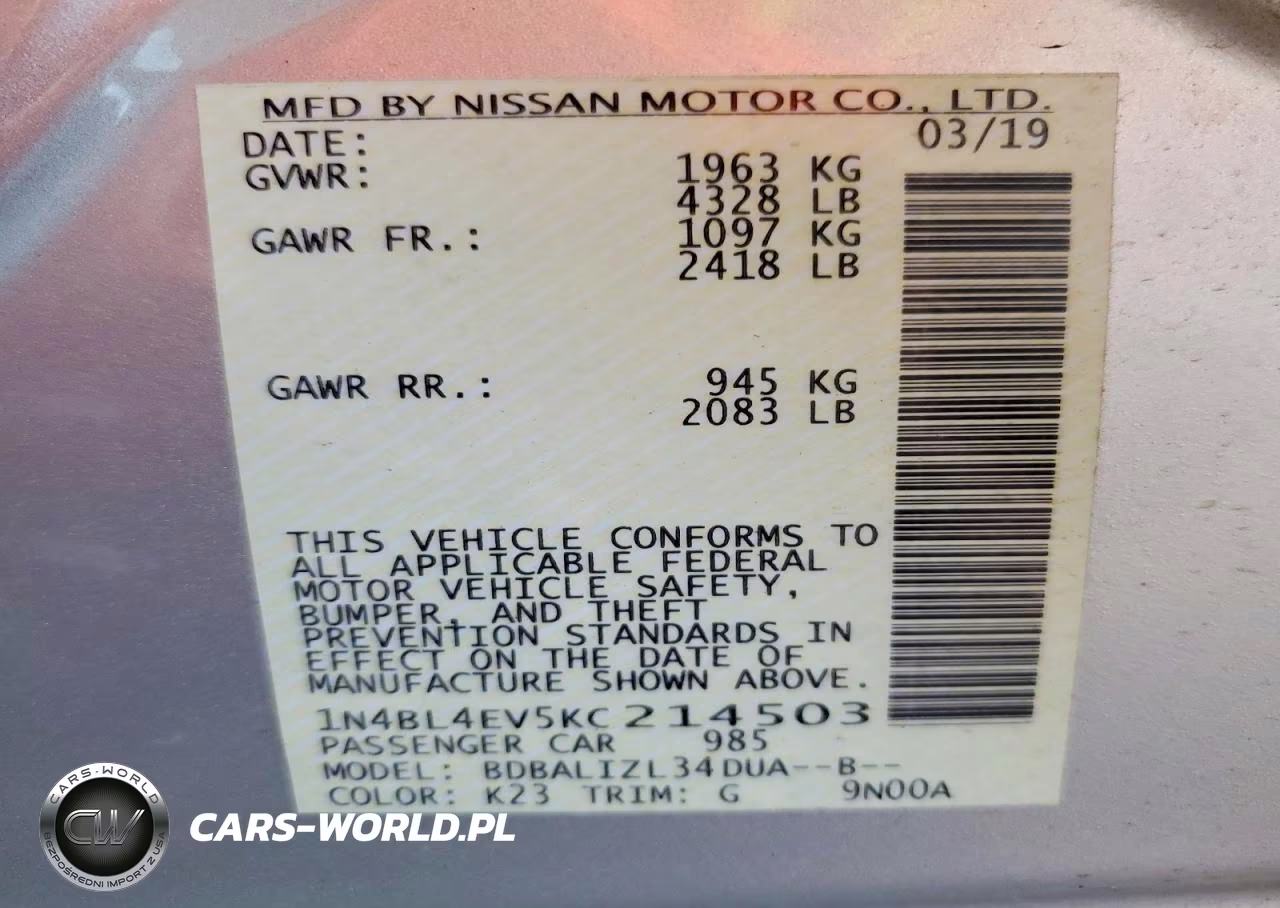 2019 Nissan Altima Sl VIN:1N4BL4EV5KC214503 - 12