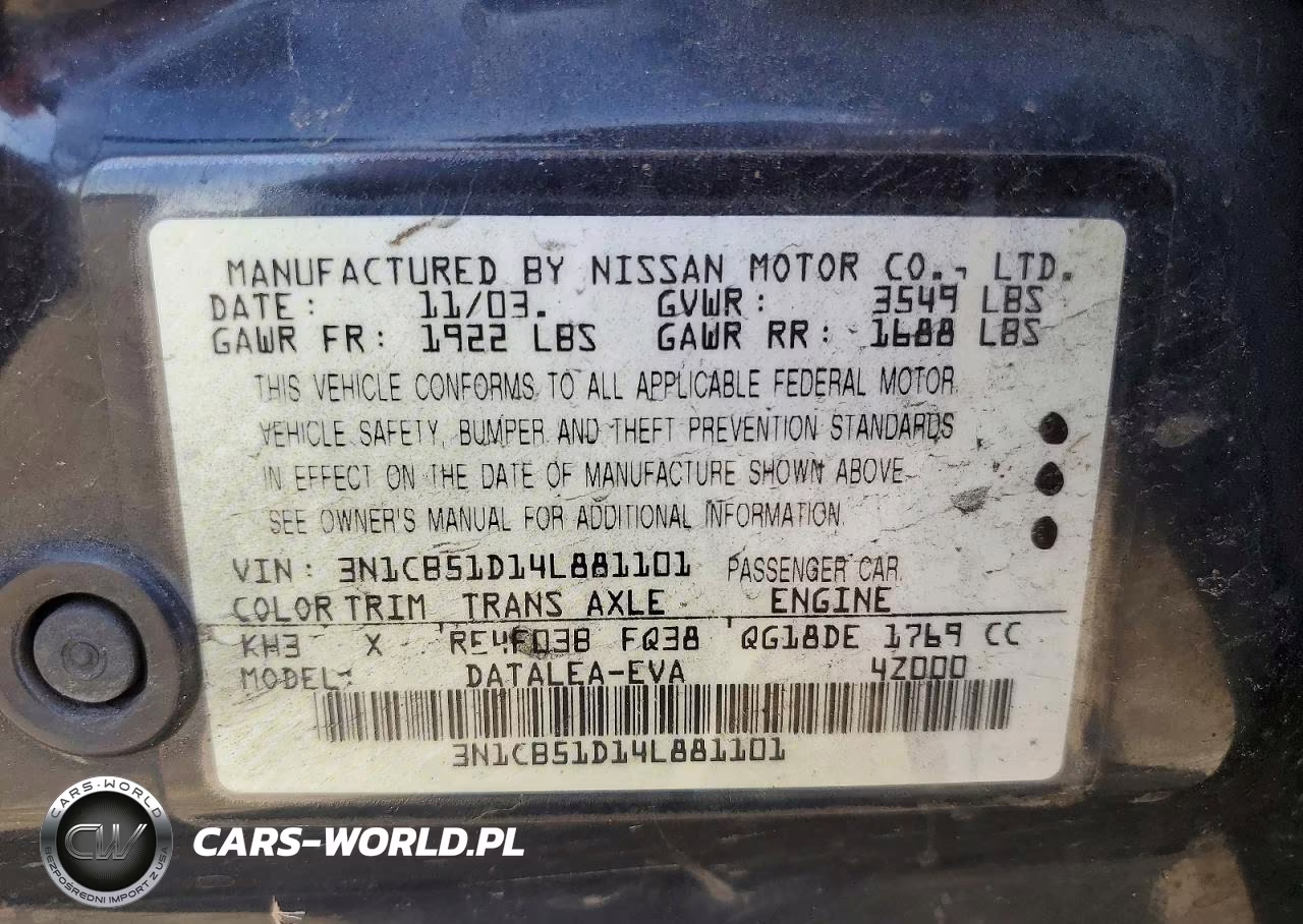 2004 Nissan Sentra 1.8 VIN:3N1CB51D14L881101 - 13