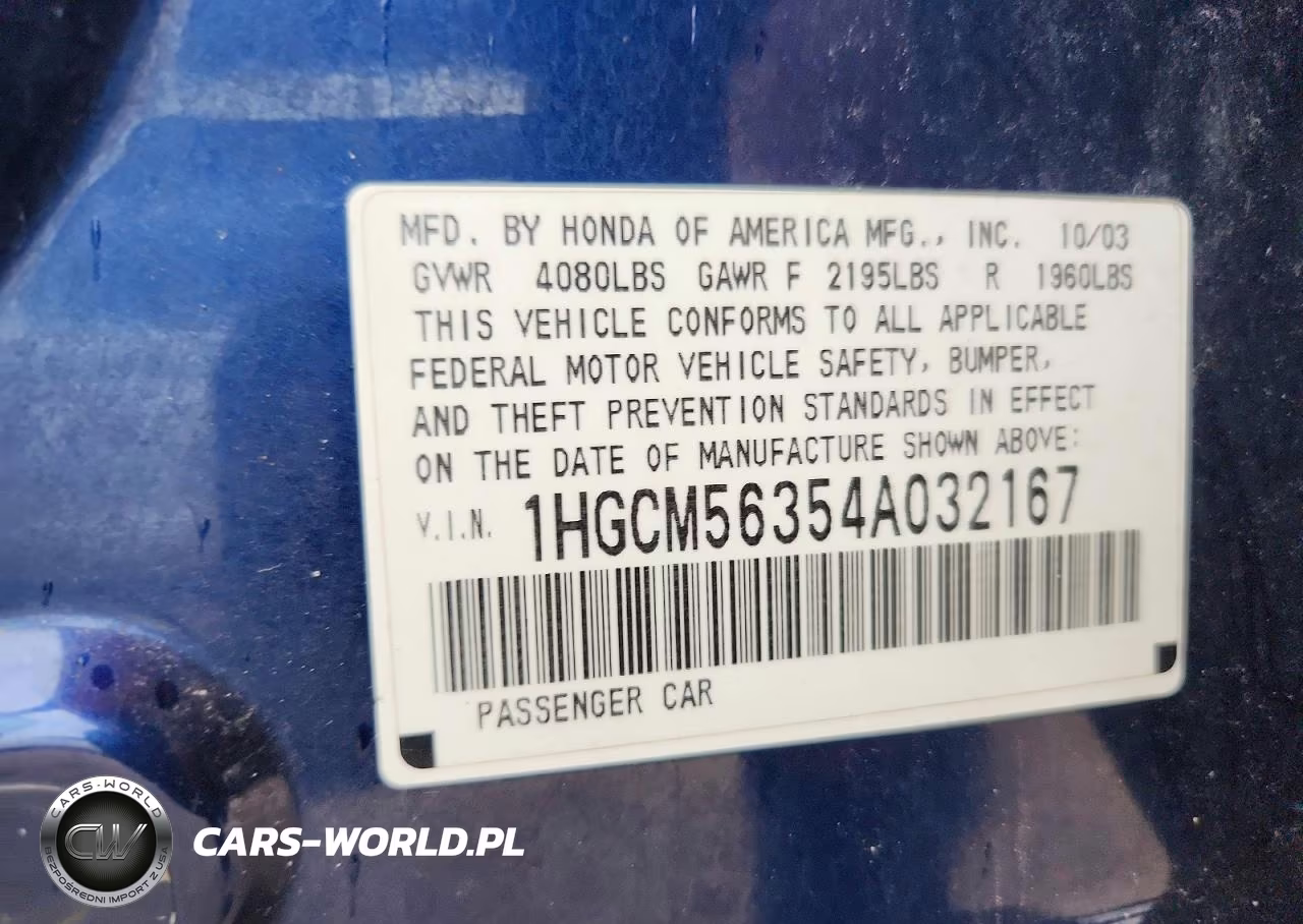 2004 Honda Accord Lx VIN:1HGCM56354A032167 - 12