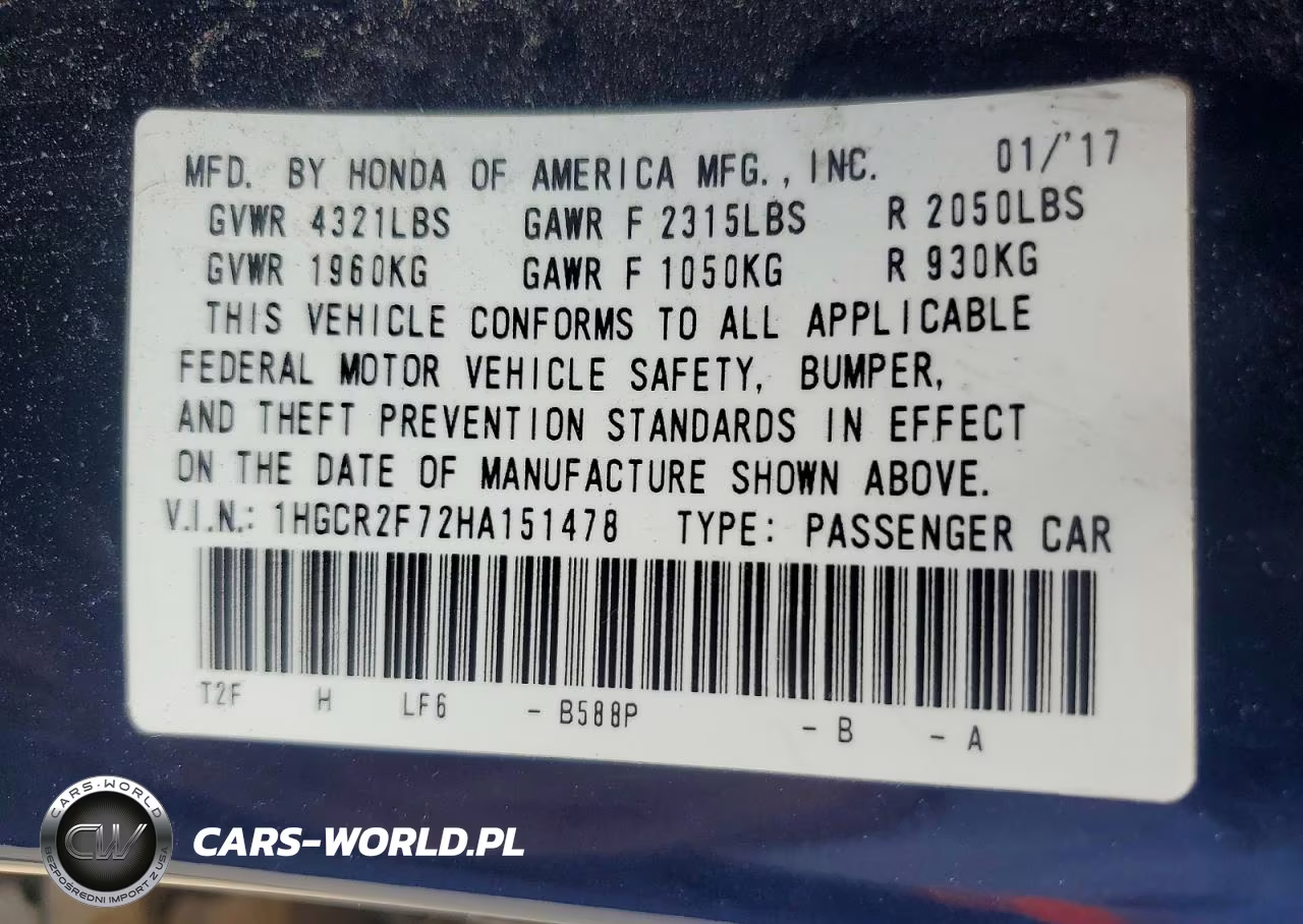 2017 Honda Accord Ex VIN:1HGCR2F72HA151478 - 13