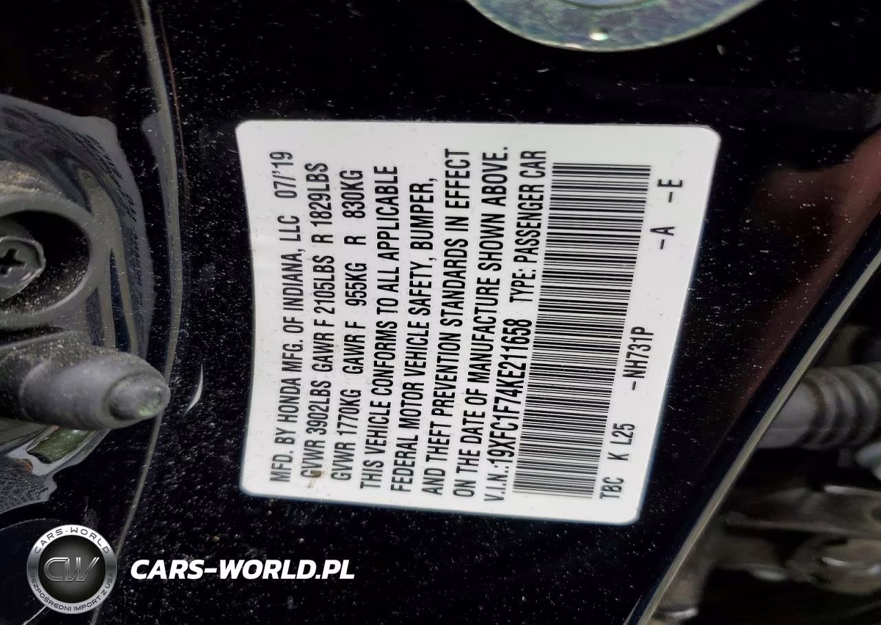 2019 Honda Civic Exl VIN:19XFC1F74KE211658 - 12