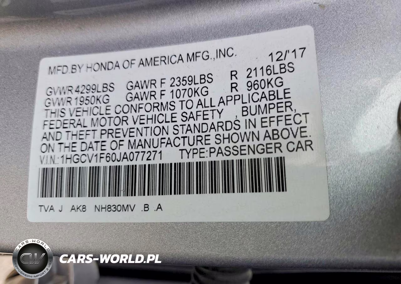 2018 Honda Accord Exl VIN:1HGCV1F60JA077271 - 13