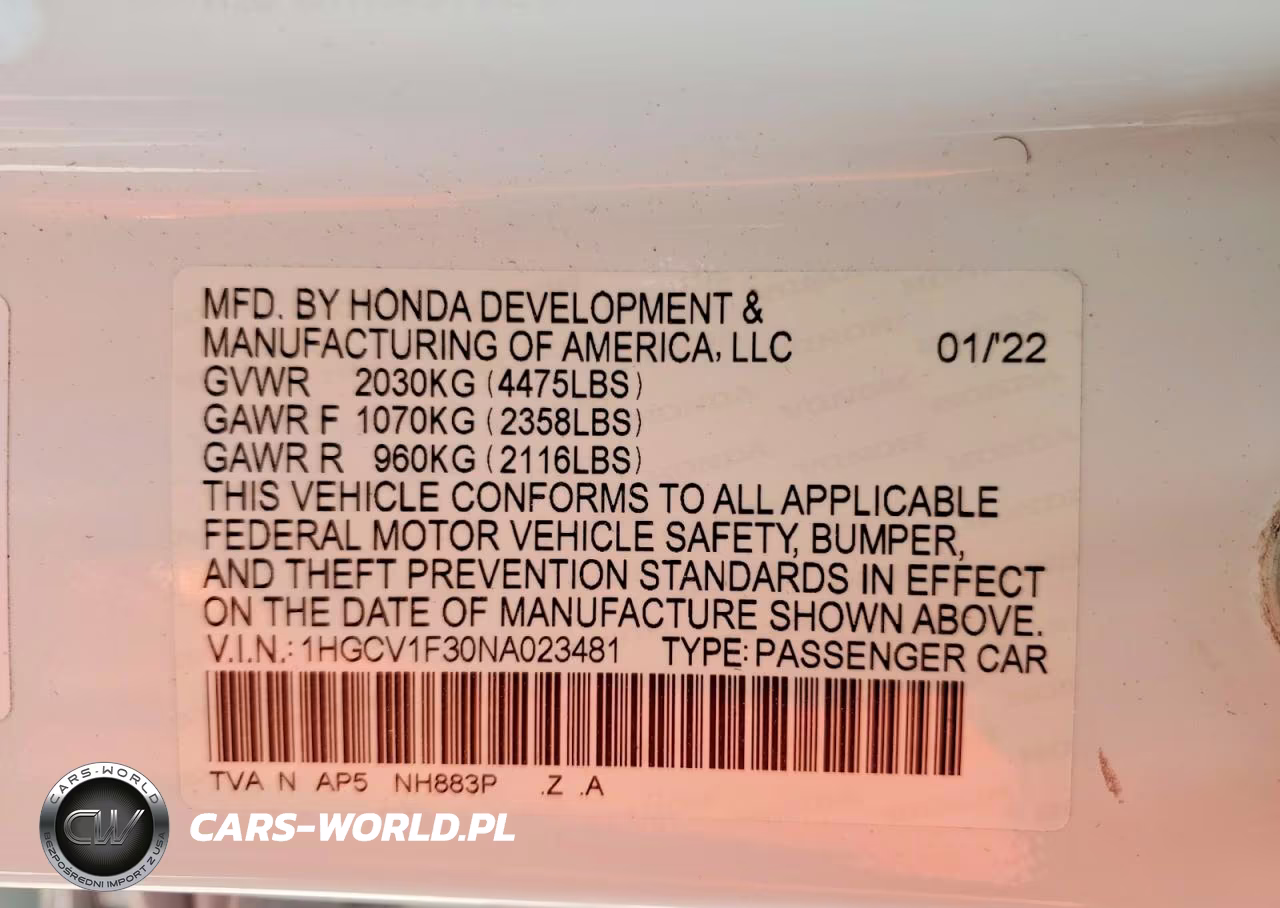 2022 Honda Accord Sport VIN:1HGCV1F30NA023481 - 12
