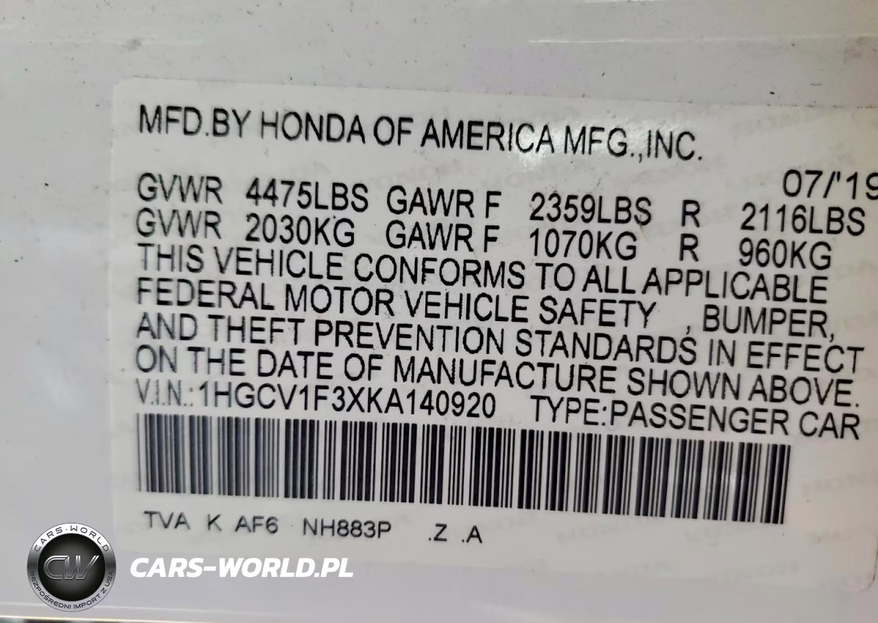 2019 Honda Accord Sport VIN:1HGCV1F3XKA140920 - 12