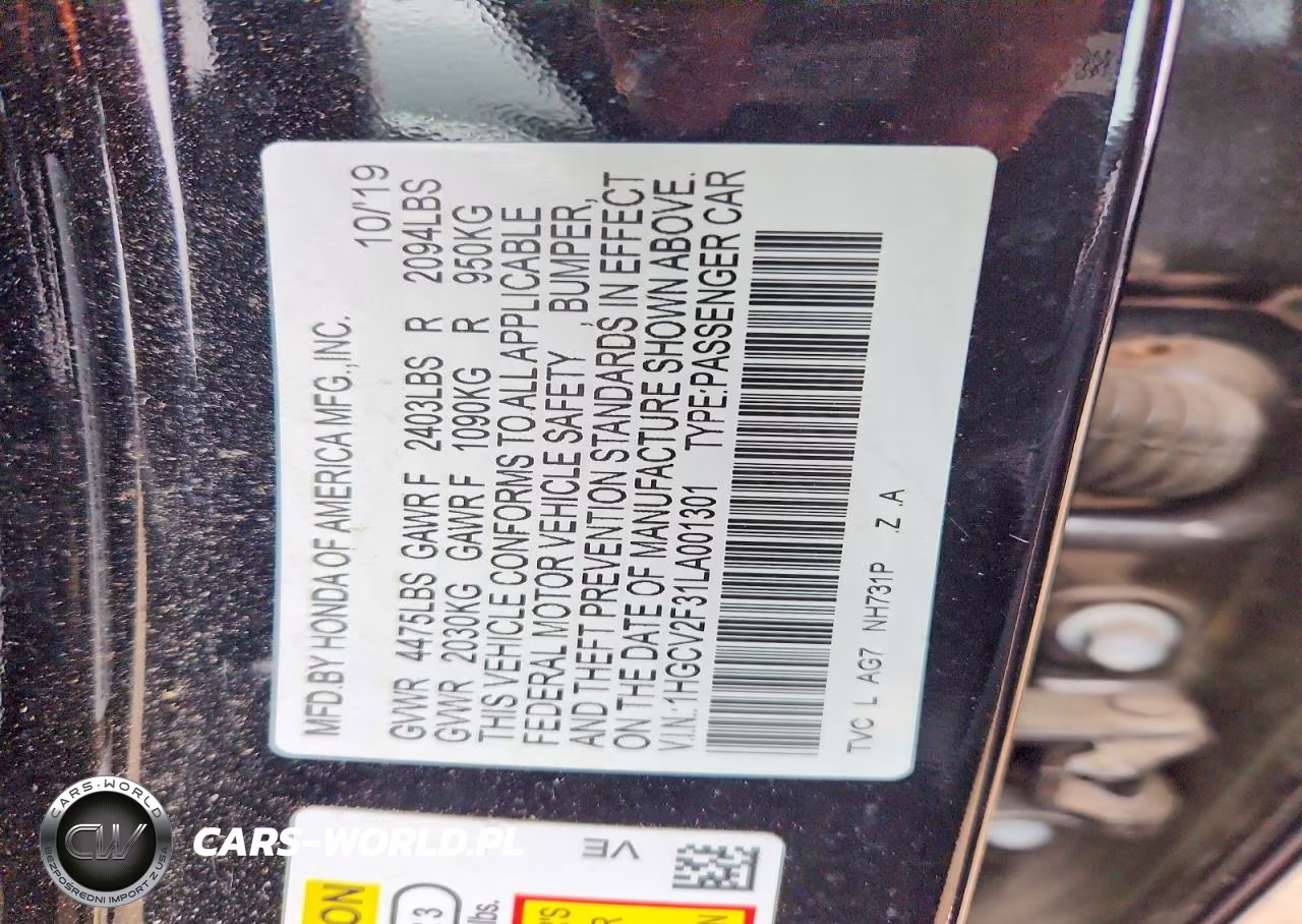 2020 Honda Accord 4D Ex VIN:1HGCV2F31LA001301 - 12
