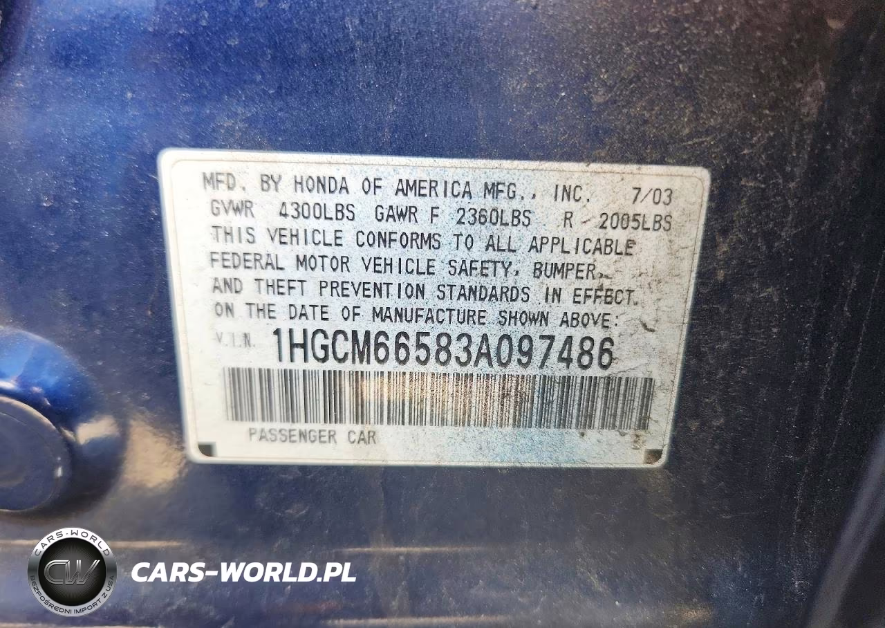 2003 Honda Accord Ex VIN:1HGCM66583A097486 - 12