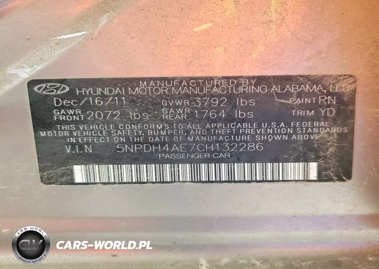 2012 Hyundai Elant Glsw VIN:5NPDH4AE7CH132286 - 12