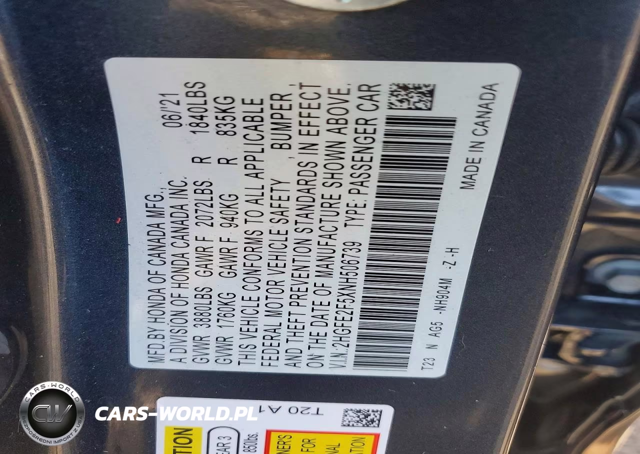2022 Honda Civic Sport VIN:2HGFE2F5XNH506739 - 12