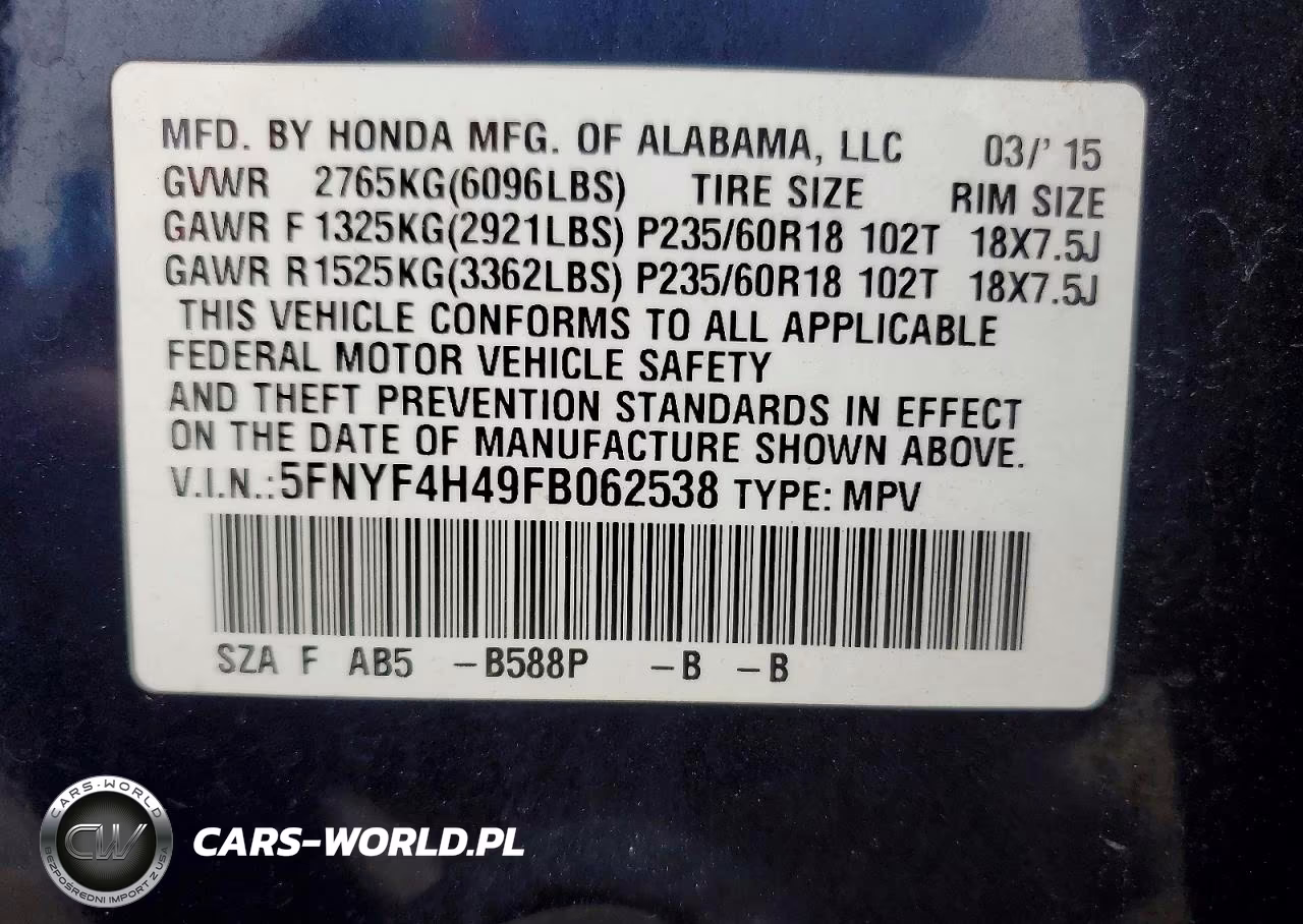 2015 Honda Pilot Ex VIN:5FNYF4H49FB062538 - 13