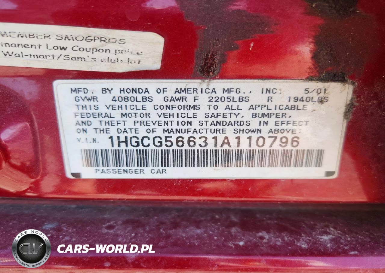 2001 Honda Accord Ex VIN:1HGCG56631A110796 - 14