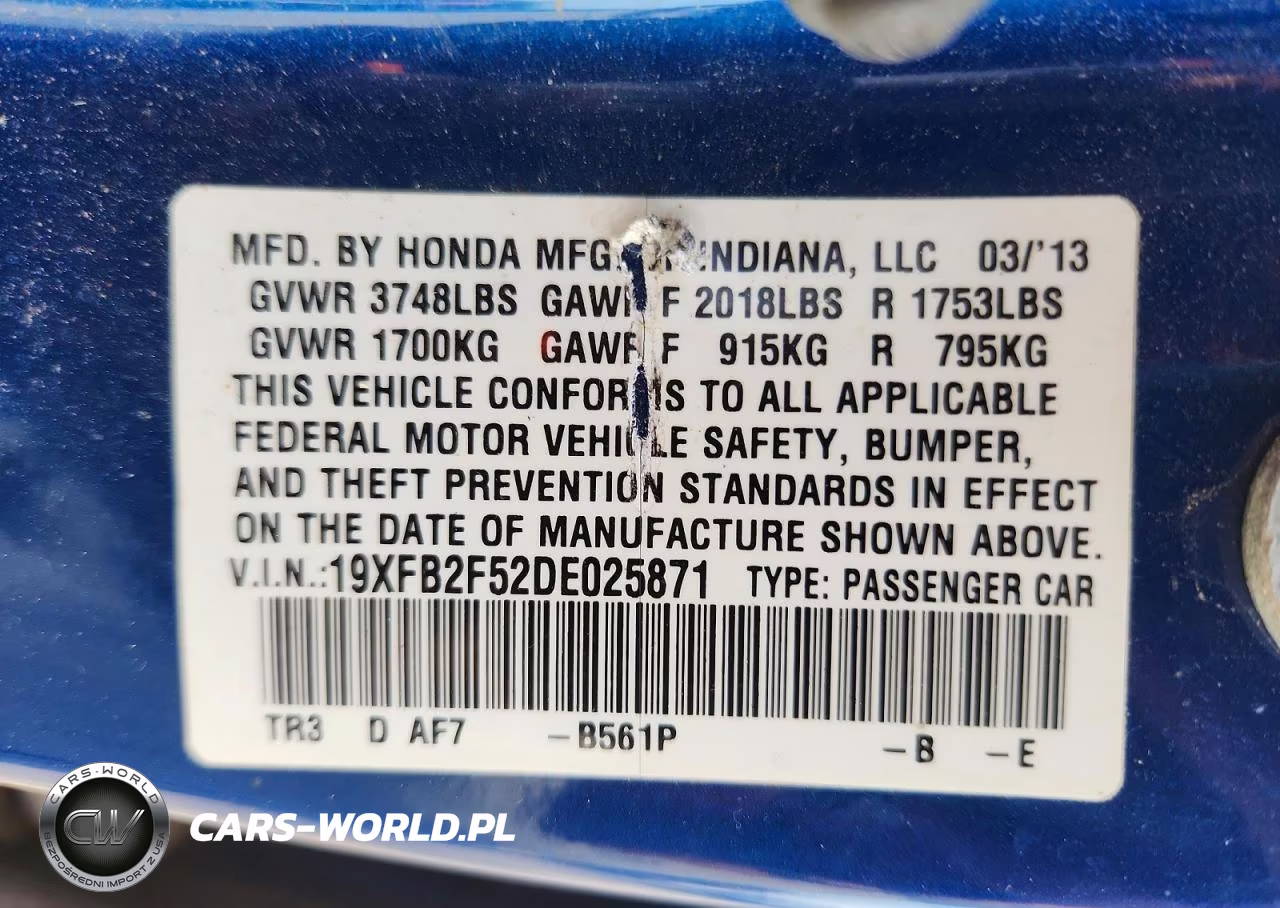 2013 Honda Civic Lx VIN:19XFB2F52DE025871 - 12