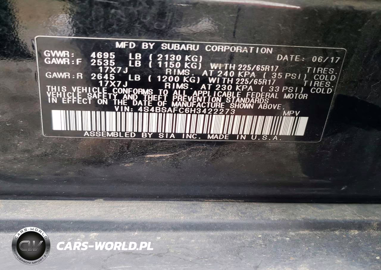 2017 Subaru Outback 2.5I Premium VIN:4S4BSAFC6H3422273 - 13