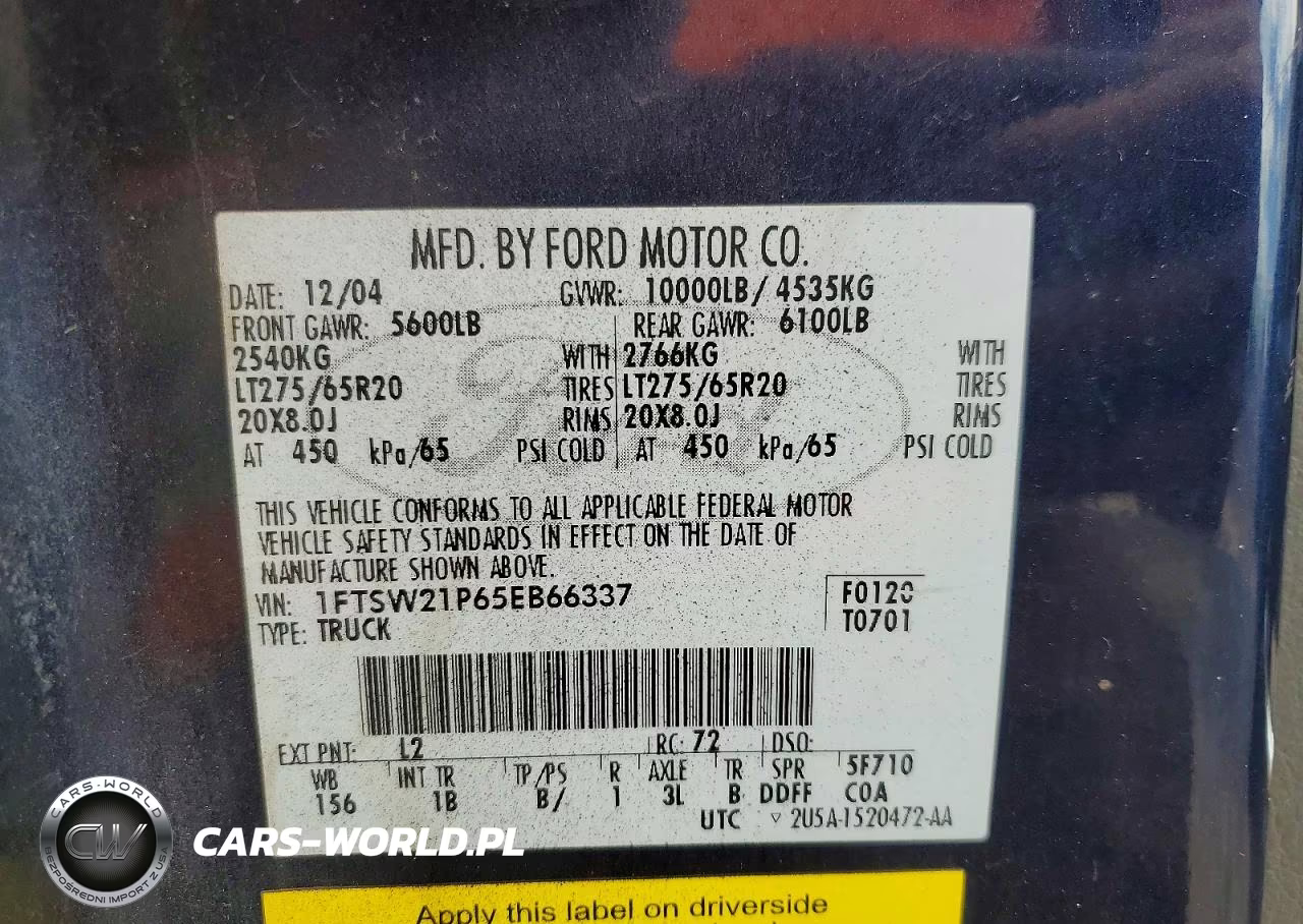 2005 Ford F250 Super Duty VIN:1FTSW21P65EB66337 - 12