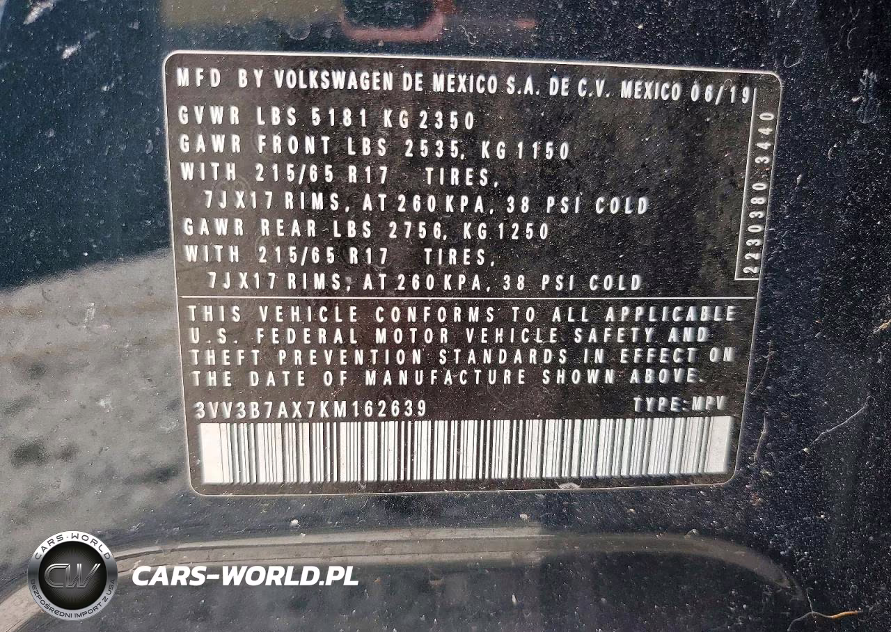 2019 Volkswagen Tiguan Se VIN:3VV3B7AX7KM162639 - 13