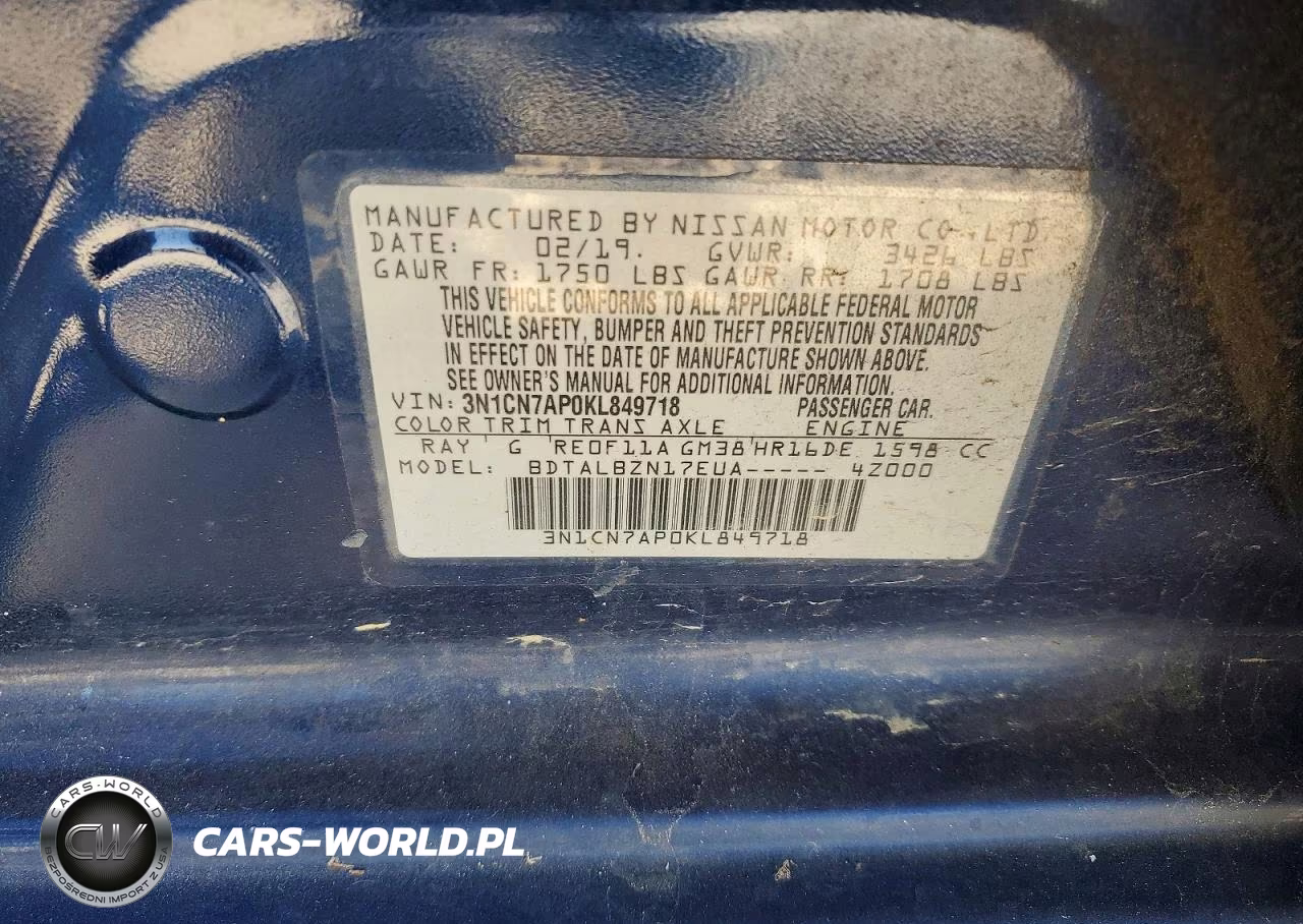 2019 Nissan Versa Sv VIN:3N1CN7AP0KL849718 - 12
