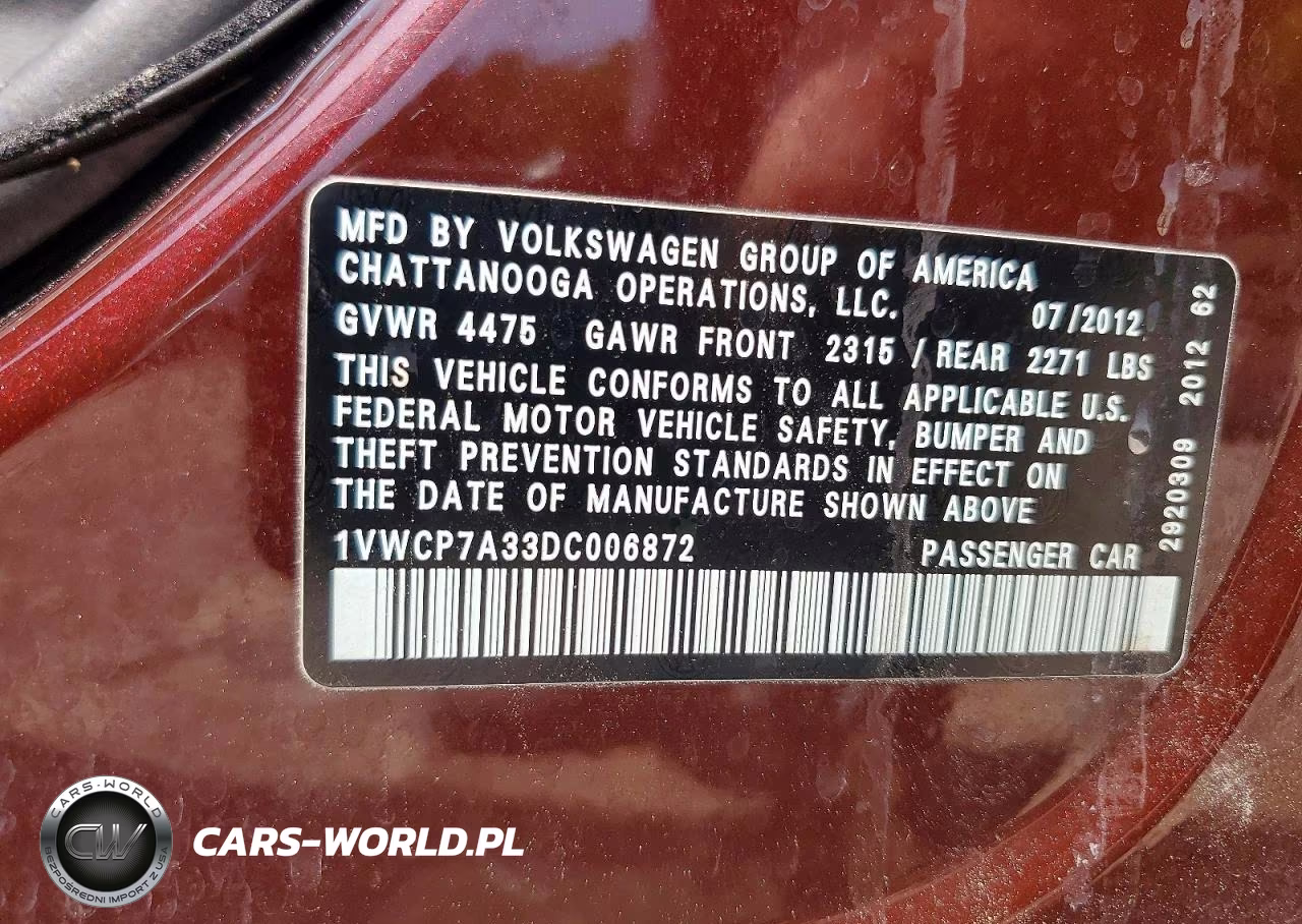 2013 Volkswagen Passat Sel VIN:1VWCP7A33DC006872 - 13
