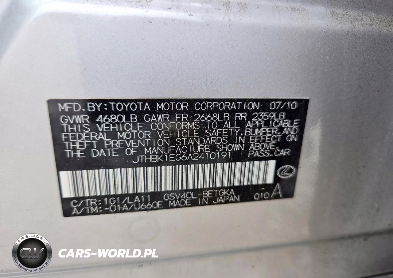 2010 Lexus Es 350 VIN:JTHBK1EG6A2410191 - 12