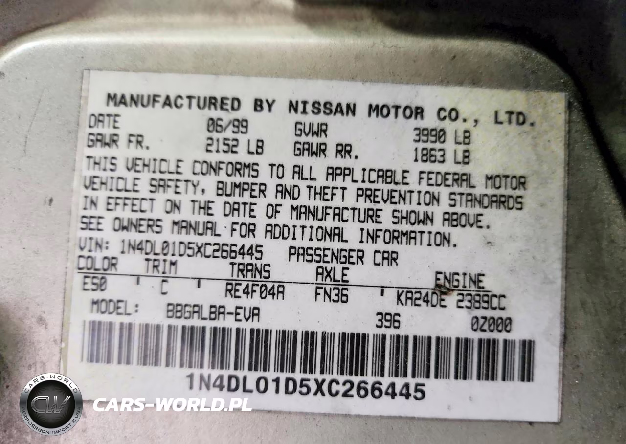 1999 Nissan Altima Xe VIN:1N4DL01D5XC266445 - 12