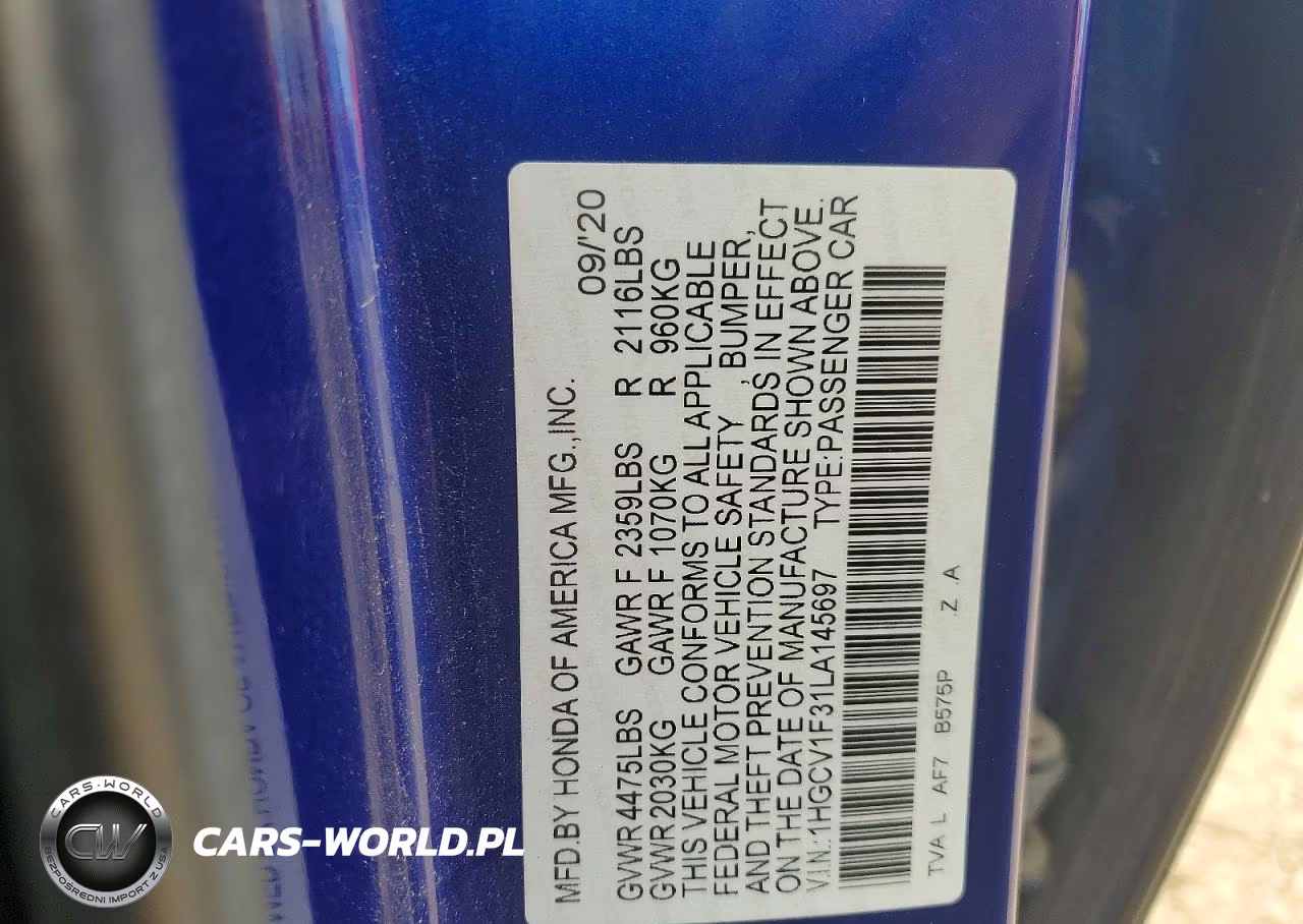 2020 Honda Accord Sport VIN:1HGCV1F31LA145697 - 12