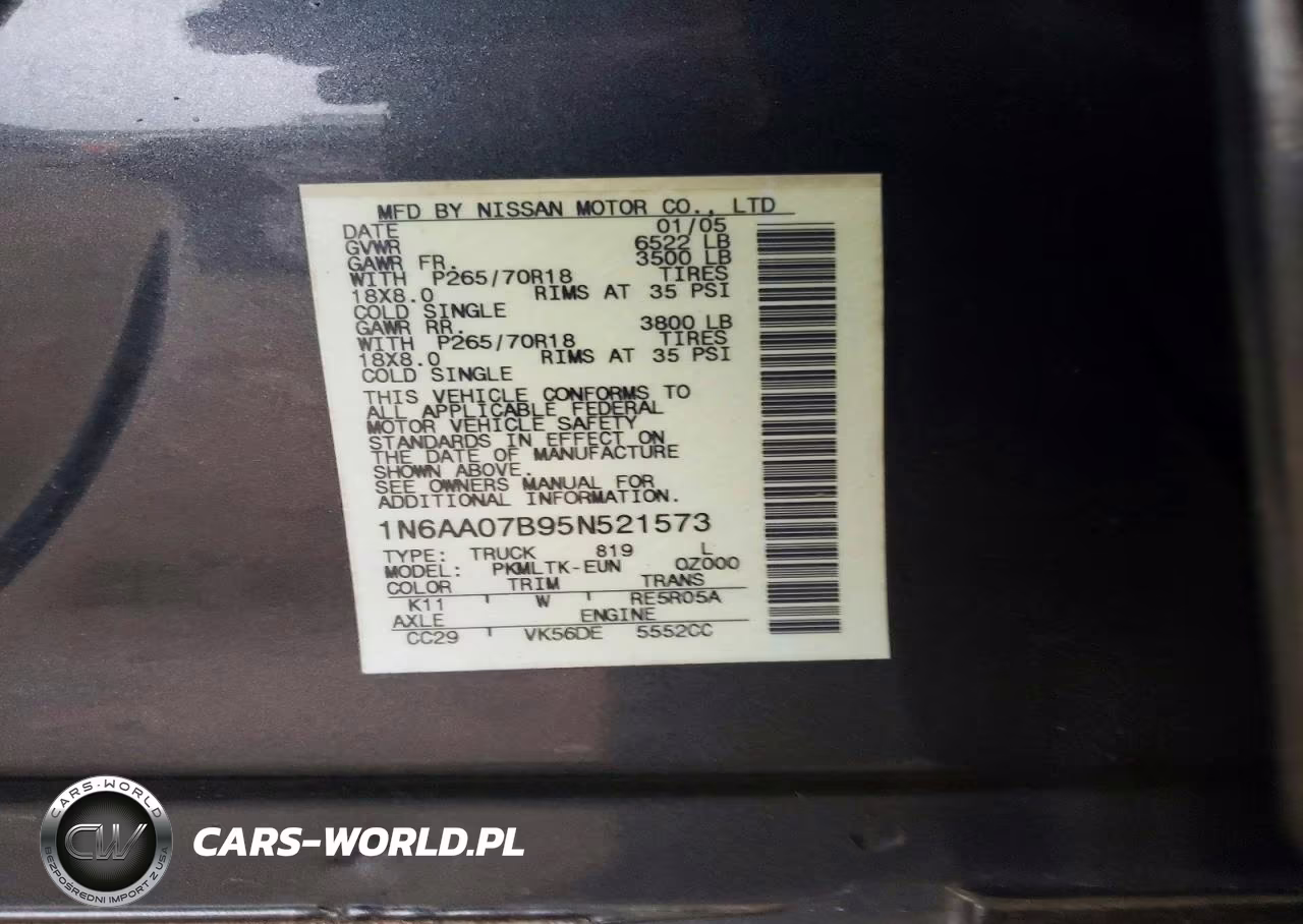 2005 Niss Titan Xe Xe VIN:1N6AA07B95N521573 - 12