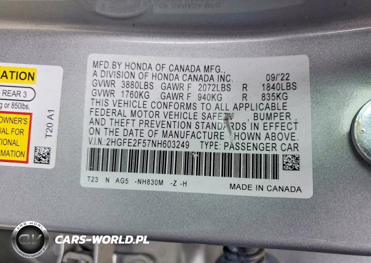 2022 Honda Civic Sport VIN:2HGFE2F57NH603249 - 12