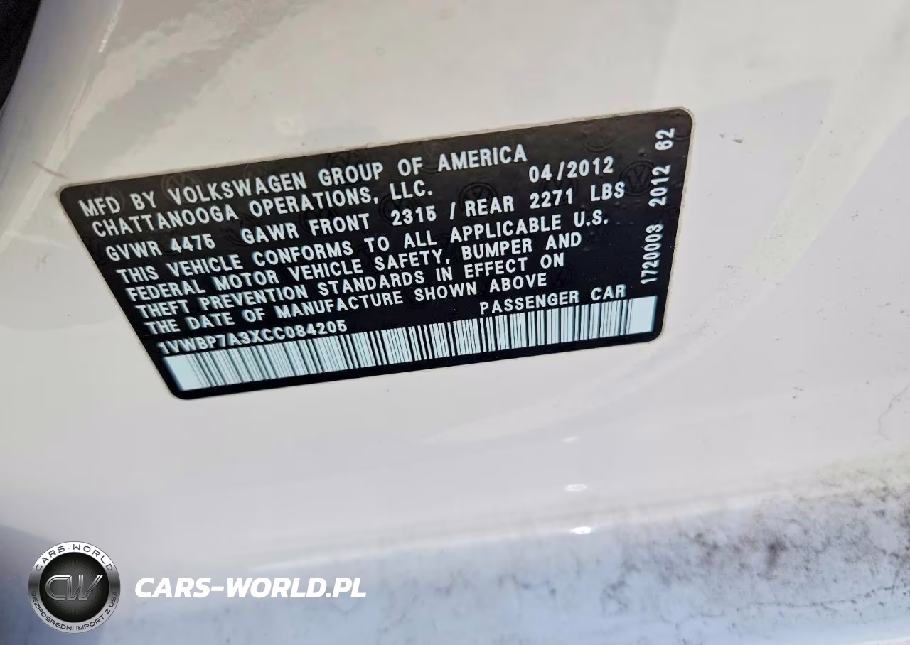 2012 Volkswagen Passat Se VIN:1VWBP7A3XCC084205 - 12
