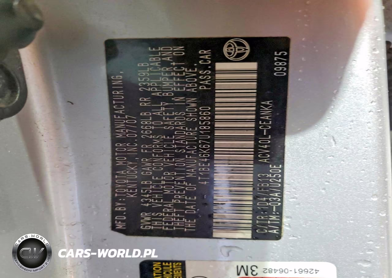 2007 Toyota Camry VIN:4T1BE46K67U185860 - 12