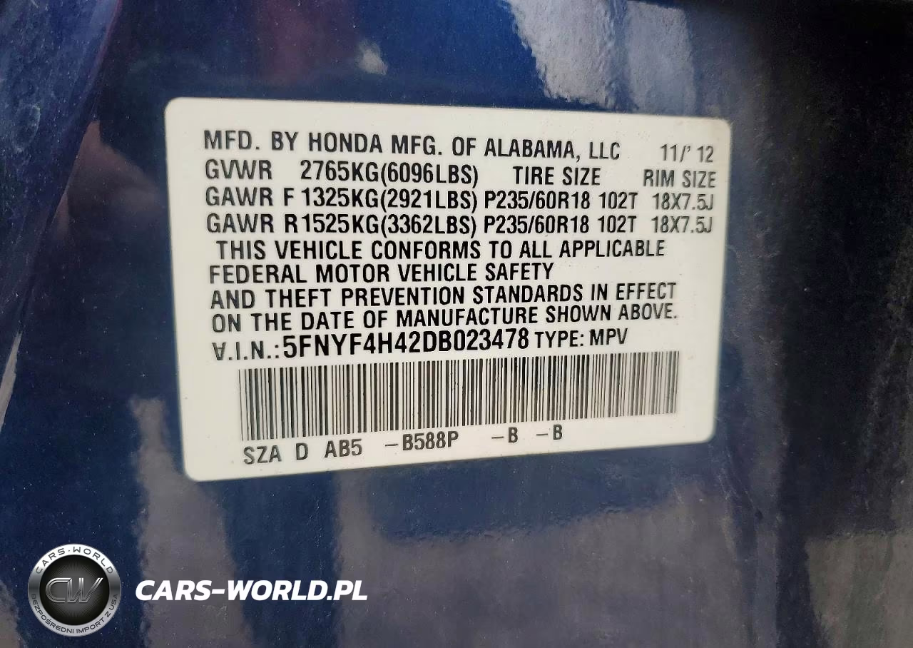 2013 Honda Pilot Ex VIN:5FNYF4H42DB023478 - 14