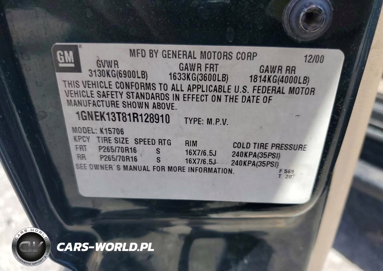 2001 Chevrolet Tahoe K1500 VIN:1GNEK13T81R128910 - 13