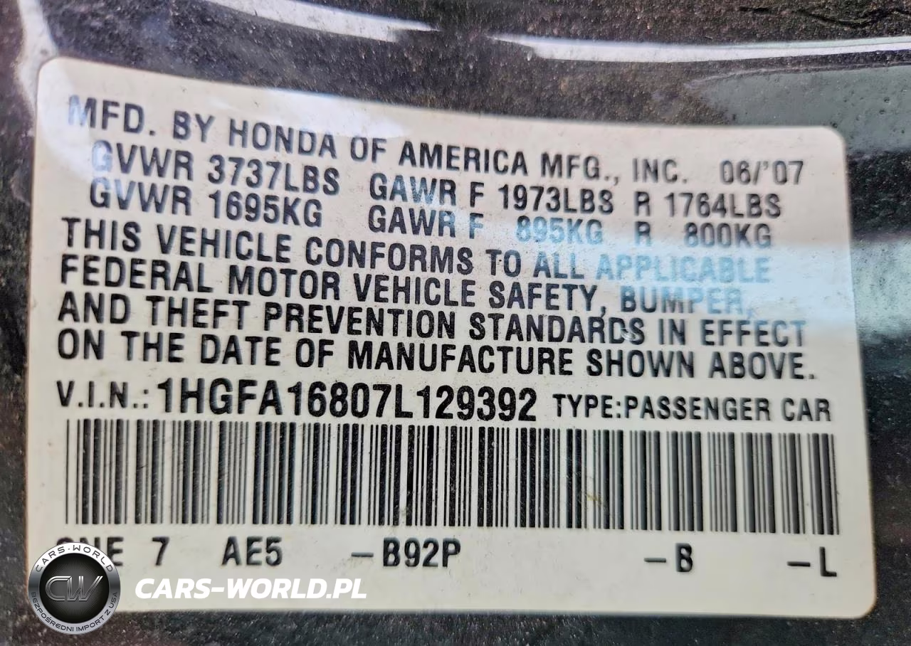 2007 Honda Civic Ex VIN:1HGFA16807L129392 - 12