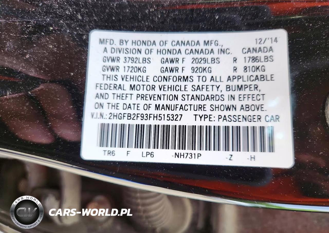 2015 Honda Civic Exl VIN:2HGFB2F93FH515327 - 12