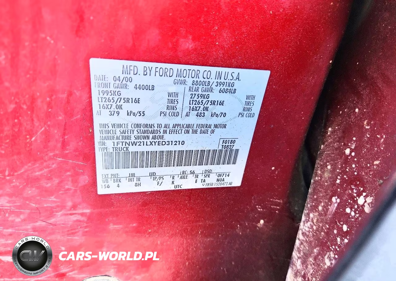 2000 Ford F250 Super Duty VIN:1FTNW21LXYED31210 - 12