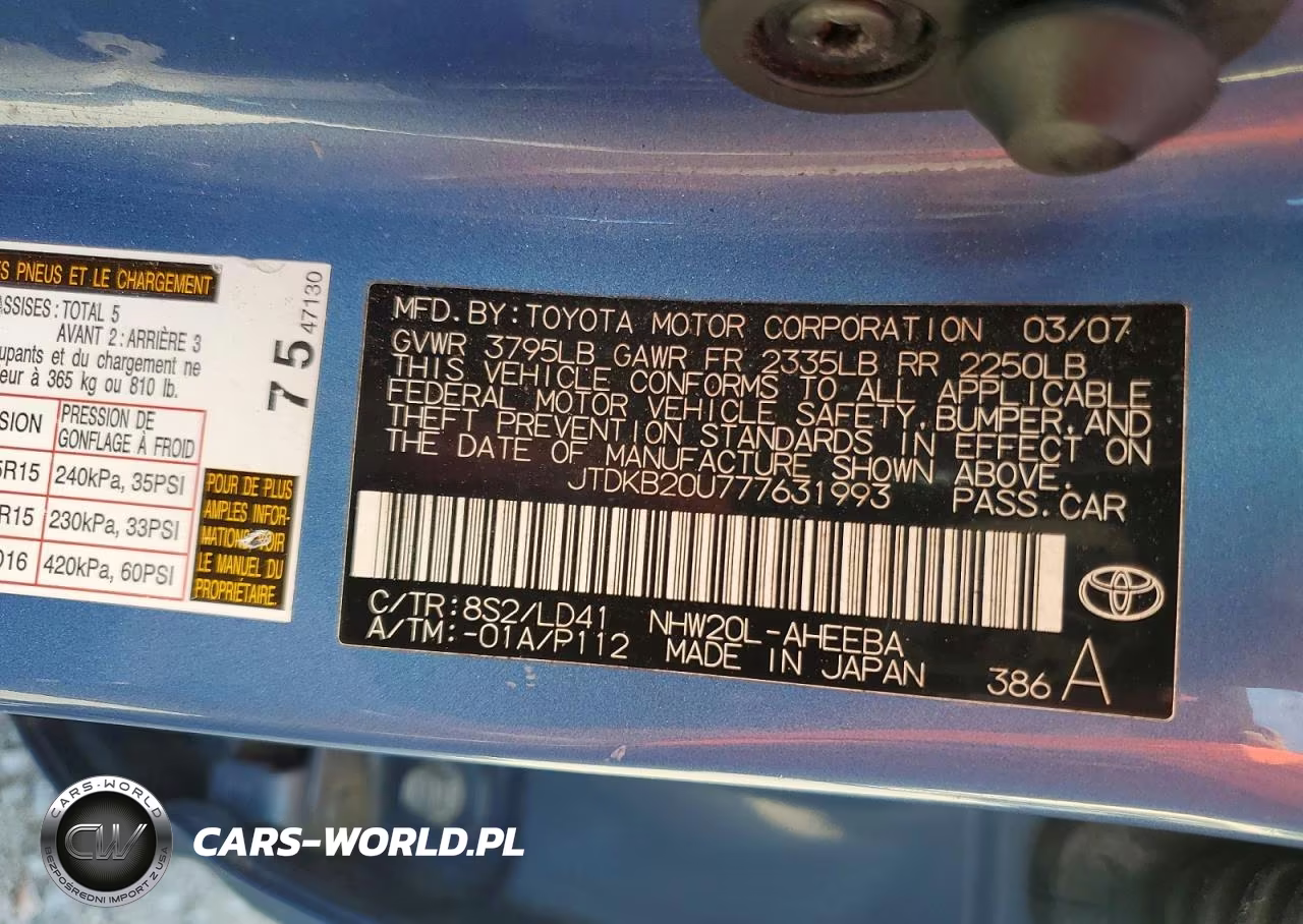 2007 Toyota Prius Base VIN:JTDKB20U777631993 - 12