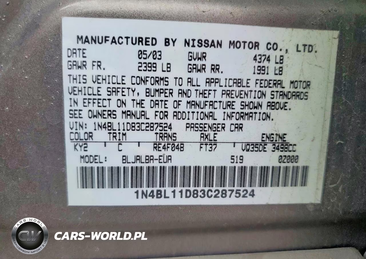 2003 Nissan Altima Se VIN:1N4BL11D83C287524 - 12