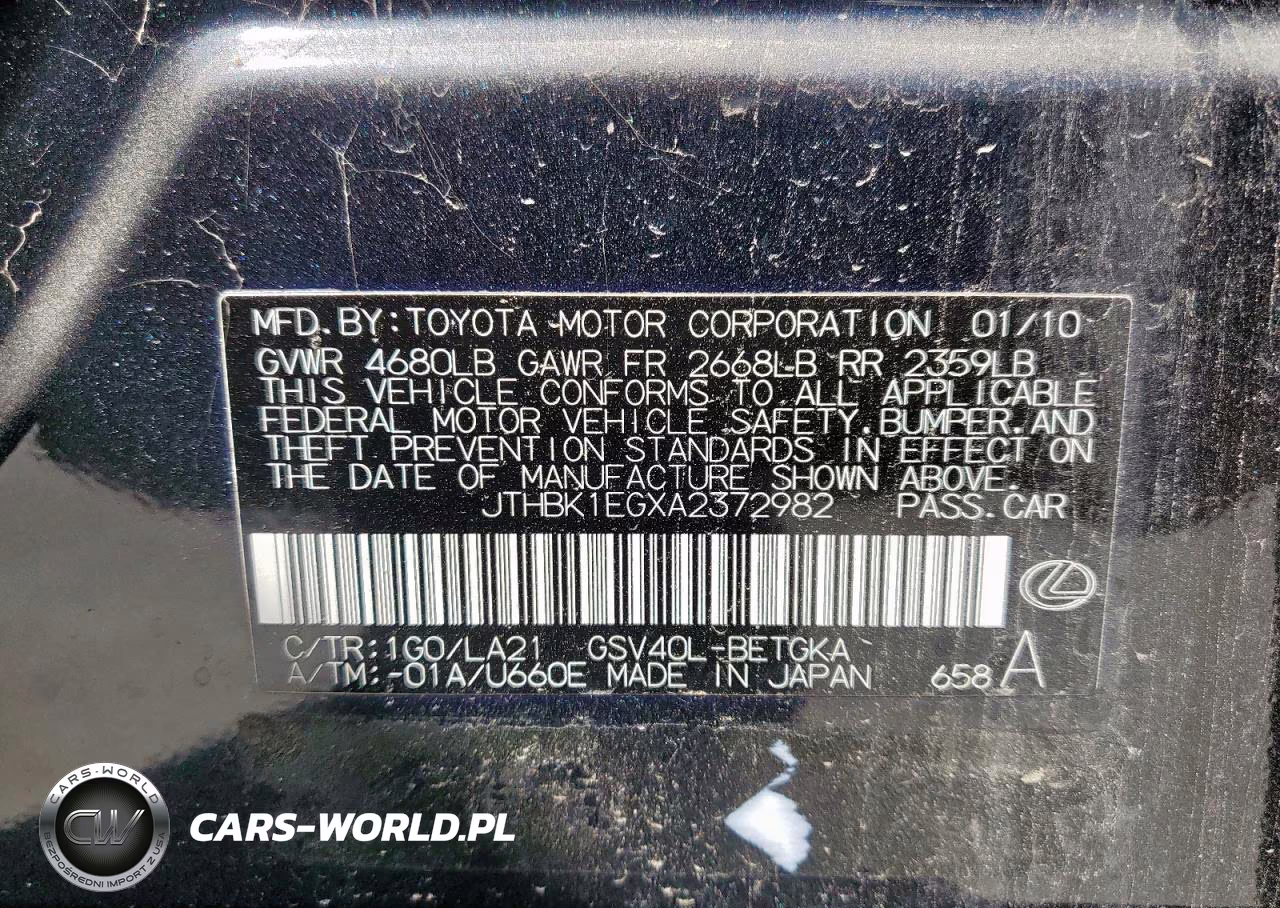 2010 Lexus Es 350 VIN:JTHBK1EGXA2372982 - 12