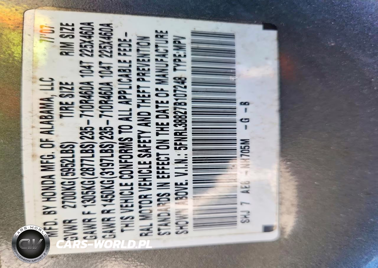 2007 Honda Odyssey VIN:5FNRL38827B107248 - 12