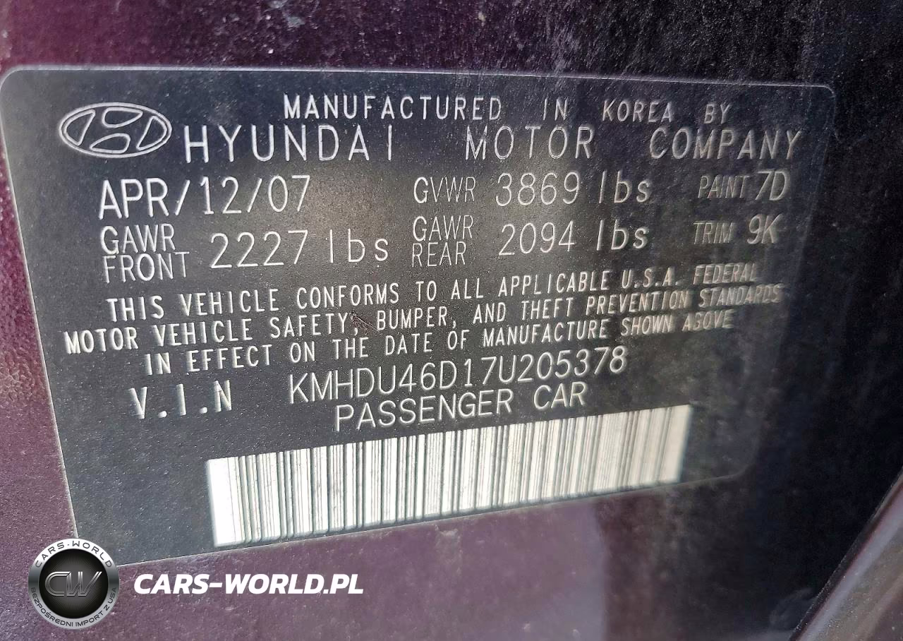 2007 Hyundai Elantra Gls VIN:KMHDU46D17U205378 - 12