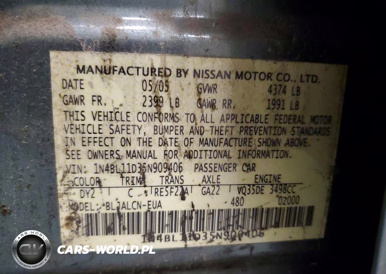 2005 Nissan Altima 3.5 Se VIN:1N4BL11D35N909406 - 12