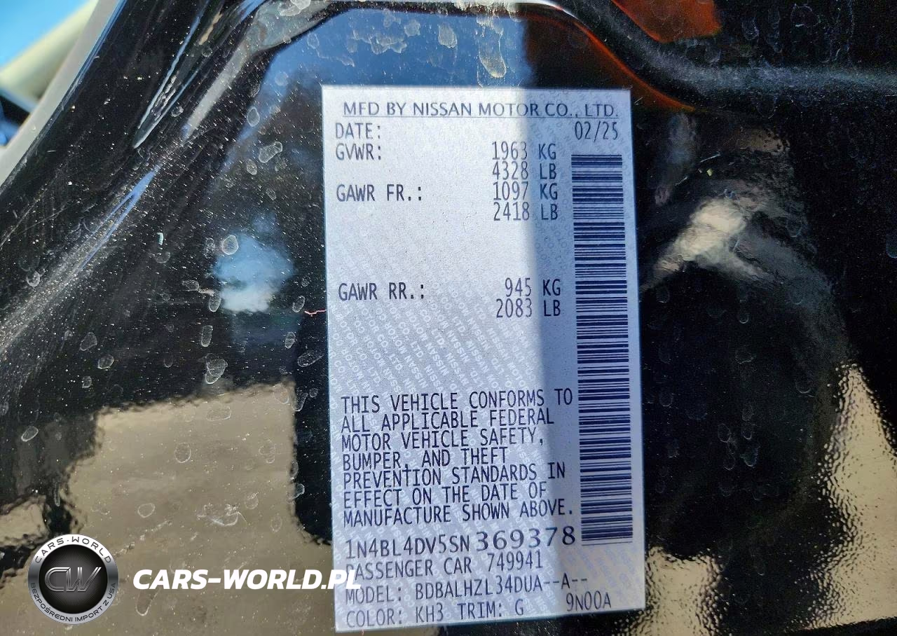 2025 Nissan Altima Sv VIN:1N4BL4DV5SN369378 - 12