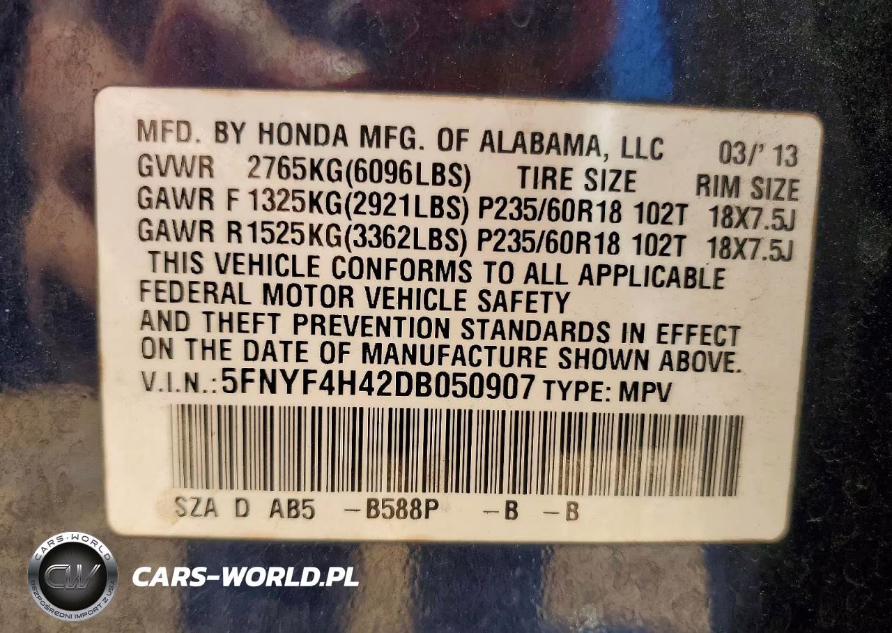 2013 Honda Pilot Ex VIN:5FNYF4H42DB050907 - 14
