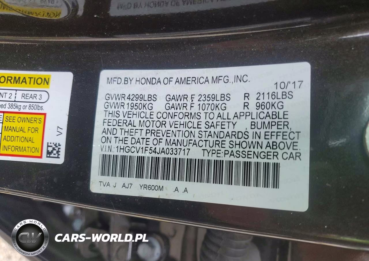 2018 Honda Accord Exl VIN:1HGCV1F54JA033717 - 12
