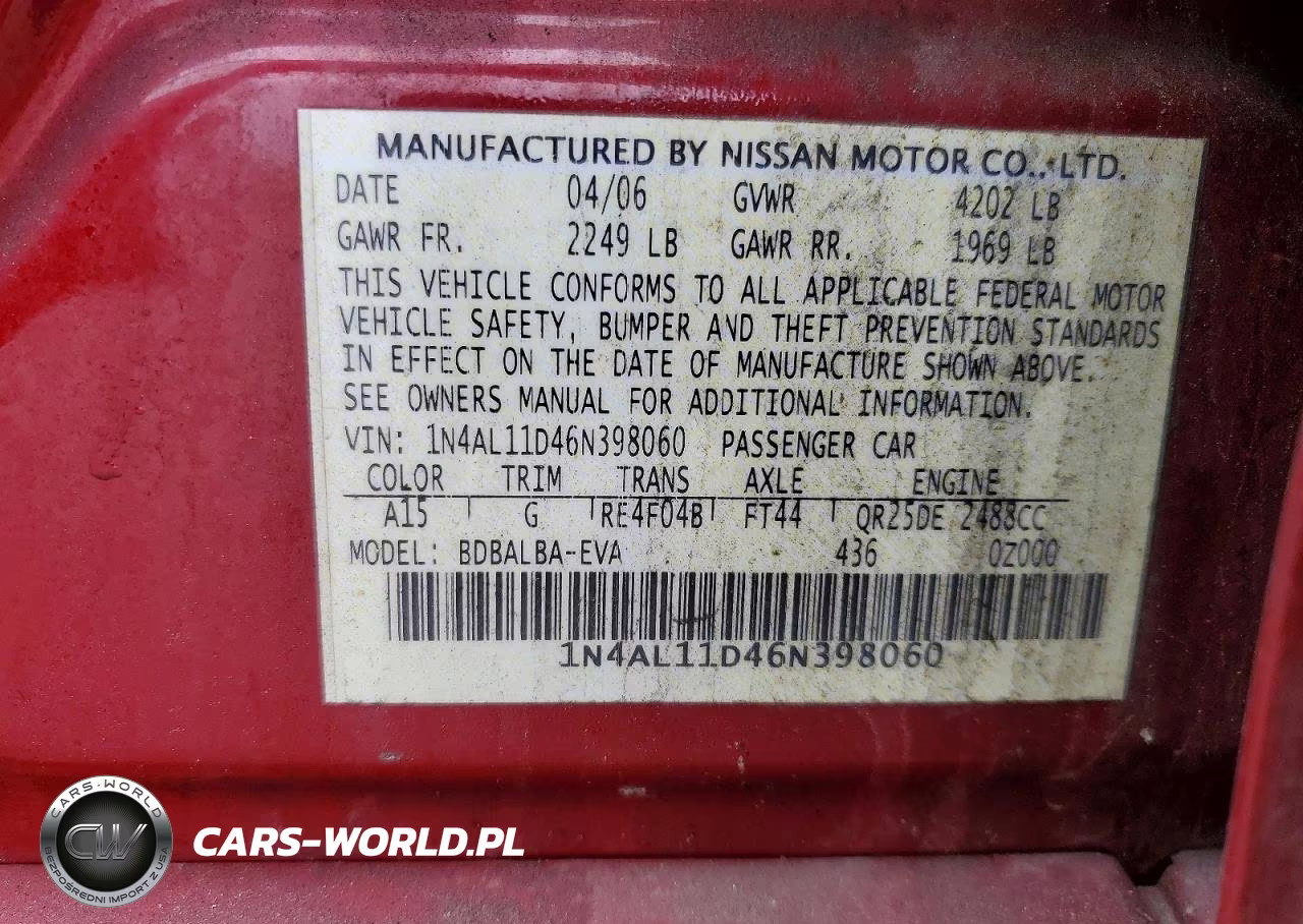 2006 Nissan Altima 2.5 VIN:1N4AL11D46N398060 - 13